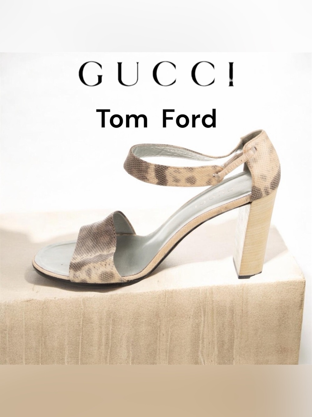 Gucci Neutral Karung Leather Ankle Strap Block Heels